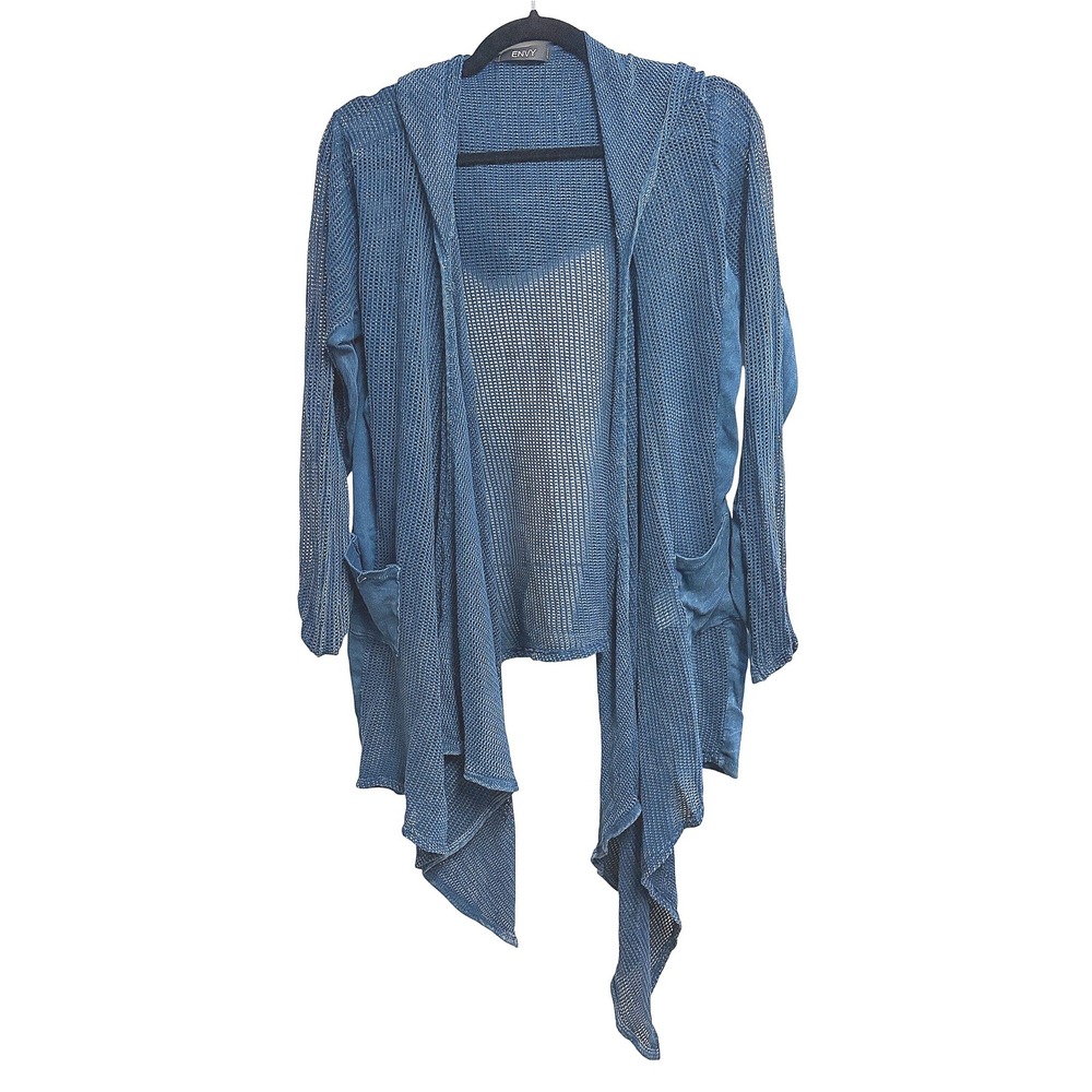 Envy Open Front Mesh Knit Boho Blue Cardigan Draped Hooded Pockets M